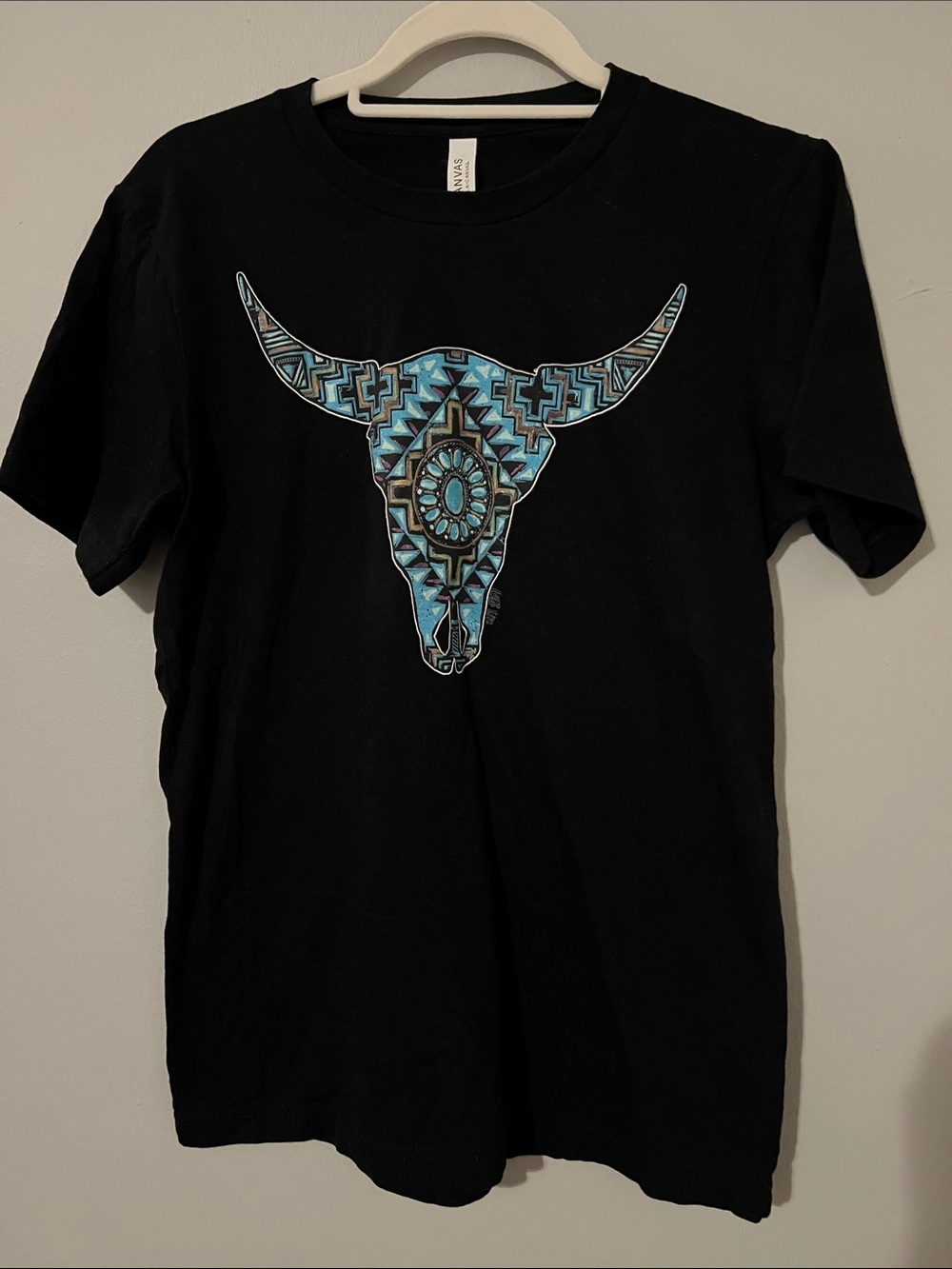 Bella Canvas Black Tee with Blue Turquoise Tribal Bull Skull Size M